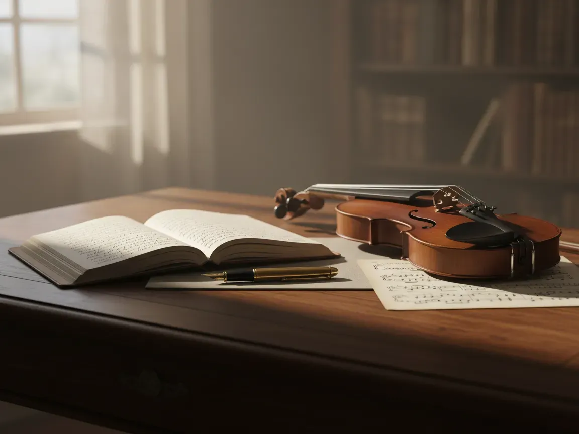 Sunlit wooden desk with an open notebook, vintage fountain pen, sheet music, and a violin in quiet stillness.