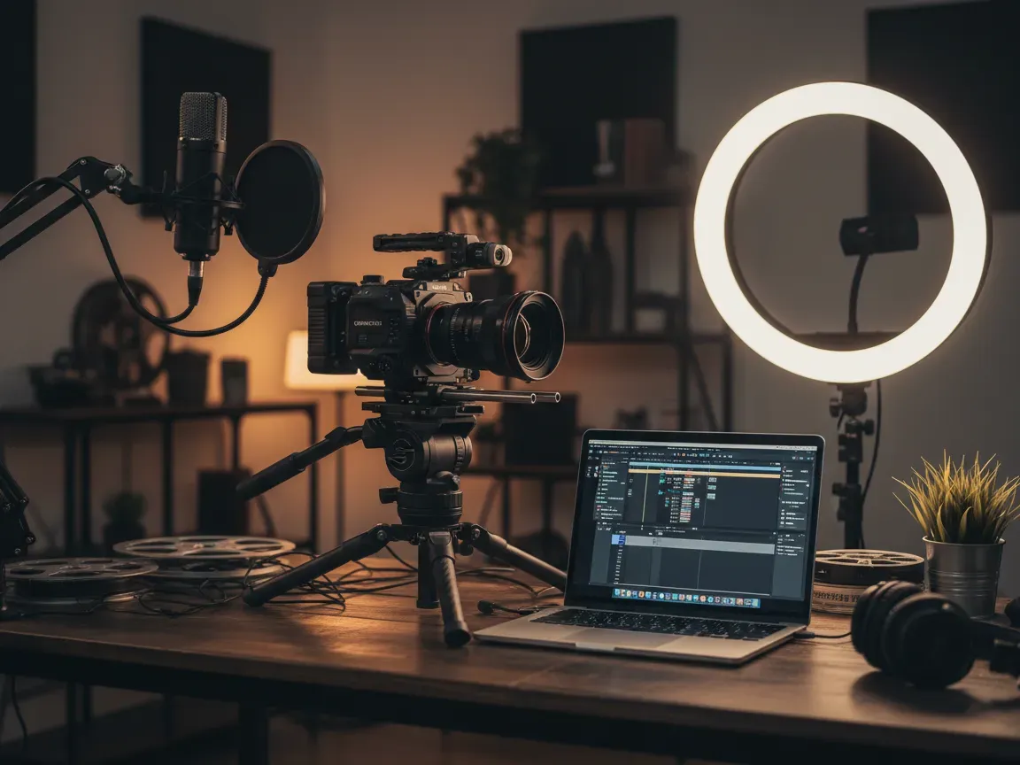 Creator studio desk with a cinema camera on a tripod, microphone, glowing ring light, and video editing laptop.