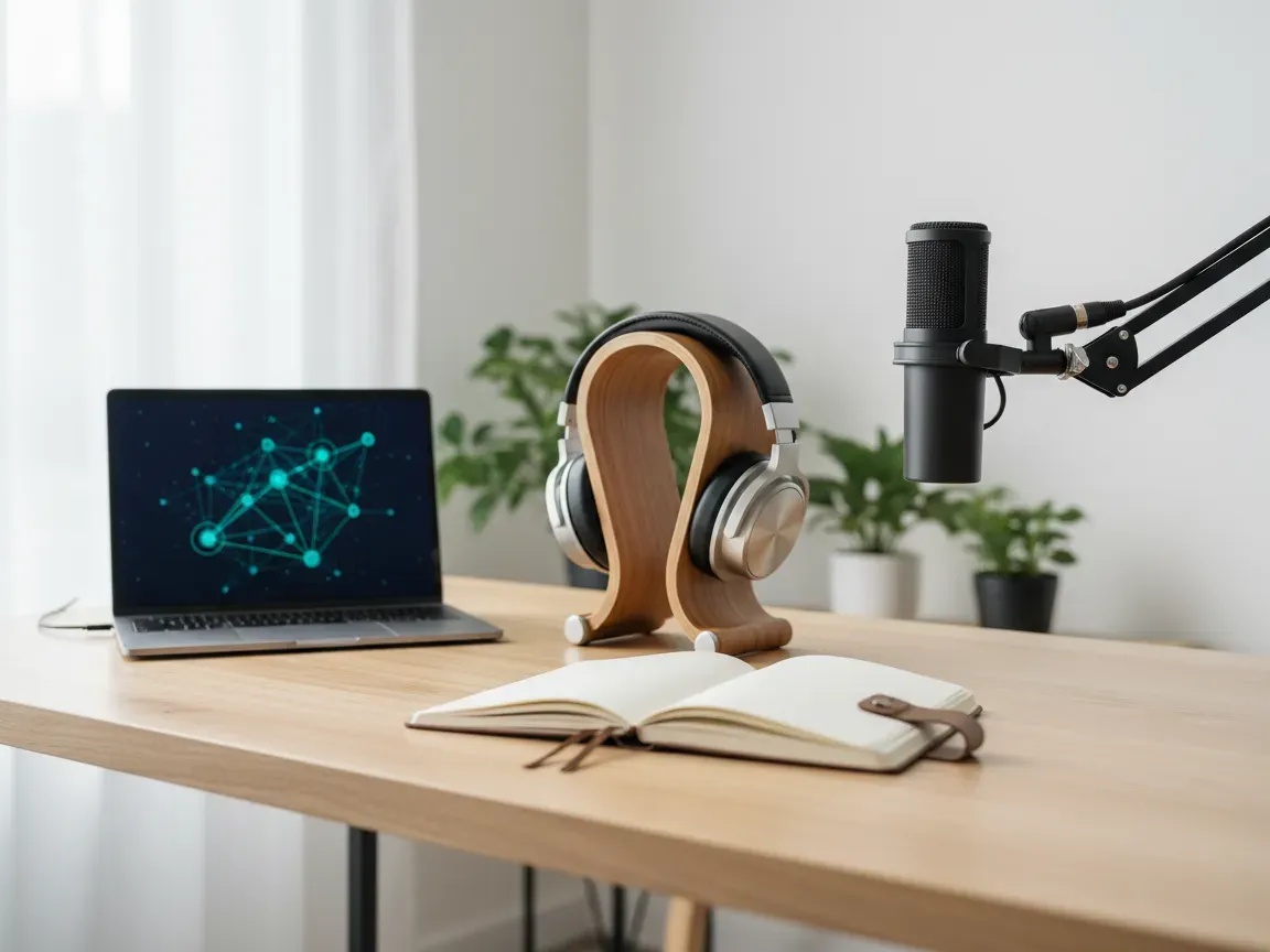 Minimalist wooden desk with an open blank notebook, studio headphones, microphone, and glowing laptop in morning light.