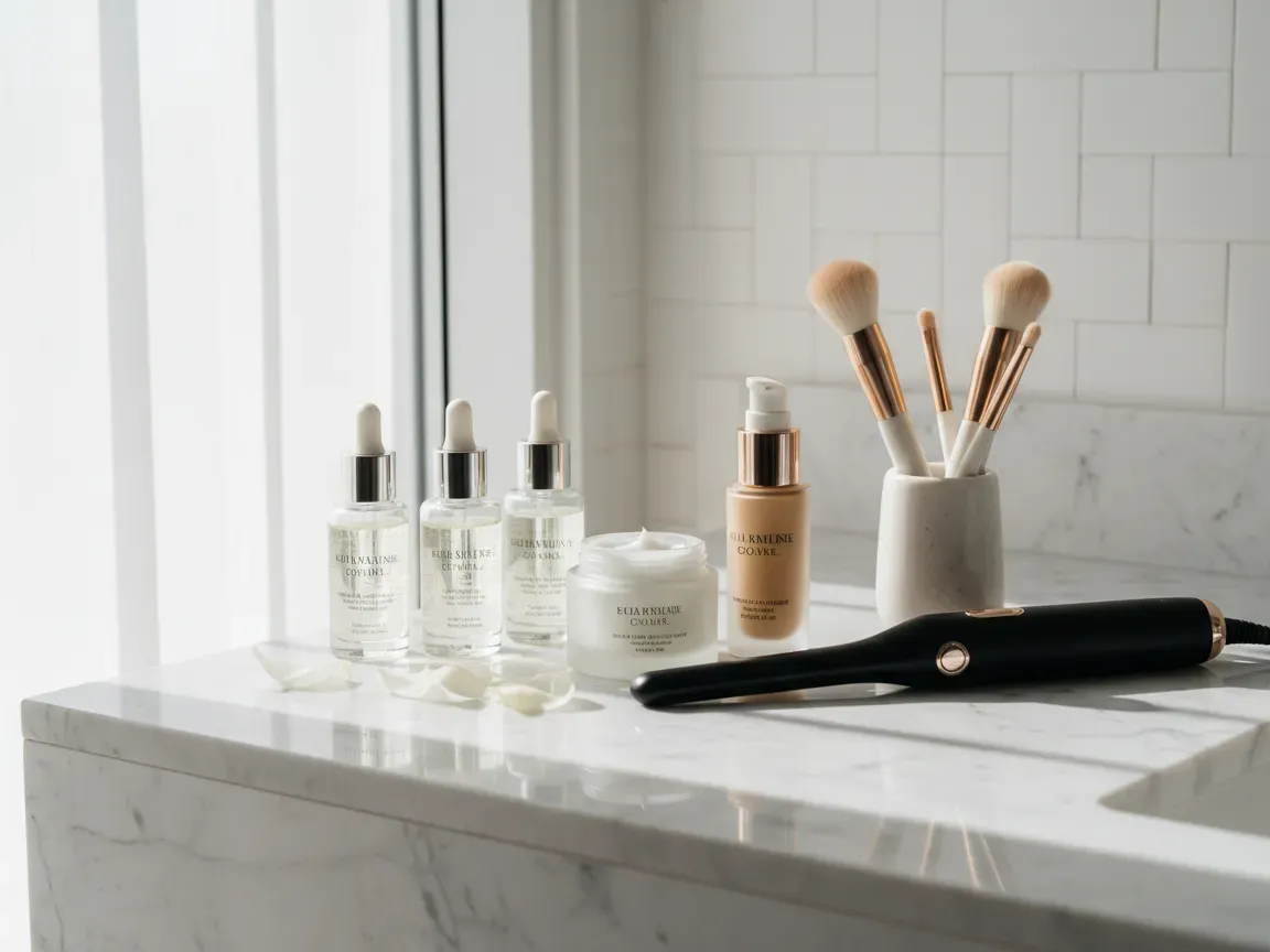 Luxury skincare products, serum bottles, and brushes on a sunlit white marble vanity in a minimalist bathroom.
